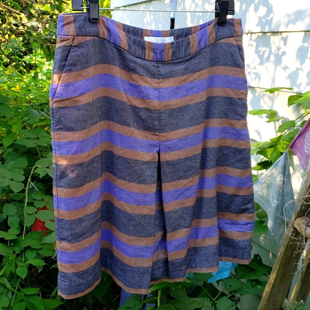 BODEN √ Linen Cotton Blend Stripe Skirt Front Kick Pleat w Pockets! Sz: 12